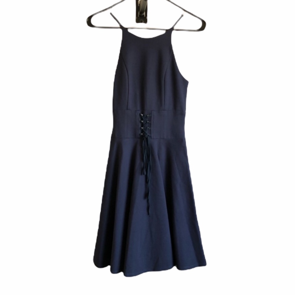 AQUA Lace Up Navy Blue Fit n Flair Halter Dress xs